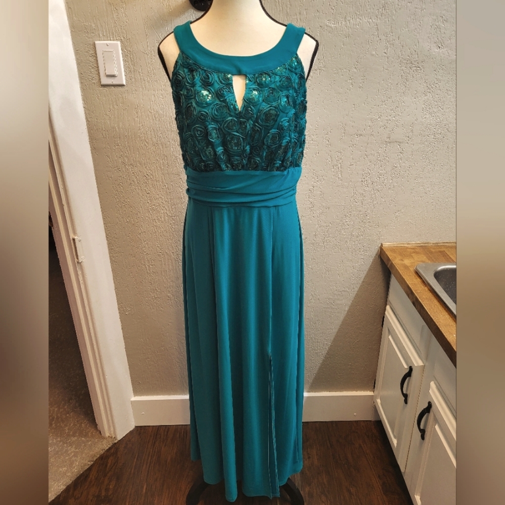 Enfocus Studio Aqua Green Formal Maxi Dress with Flowers & Sequins